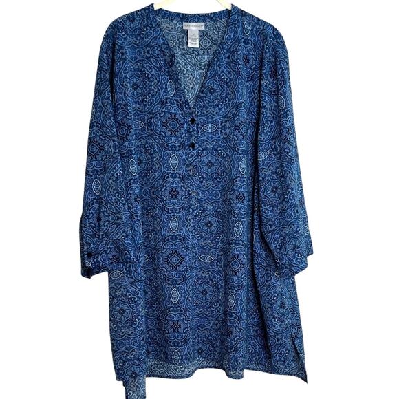 Catherines Womens Tunic 2X 22/24W Blue Popover Medallion Print 3/4 Sleeve V-Neck - Picture 1 of 5